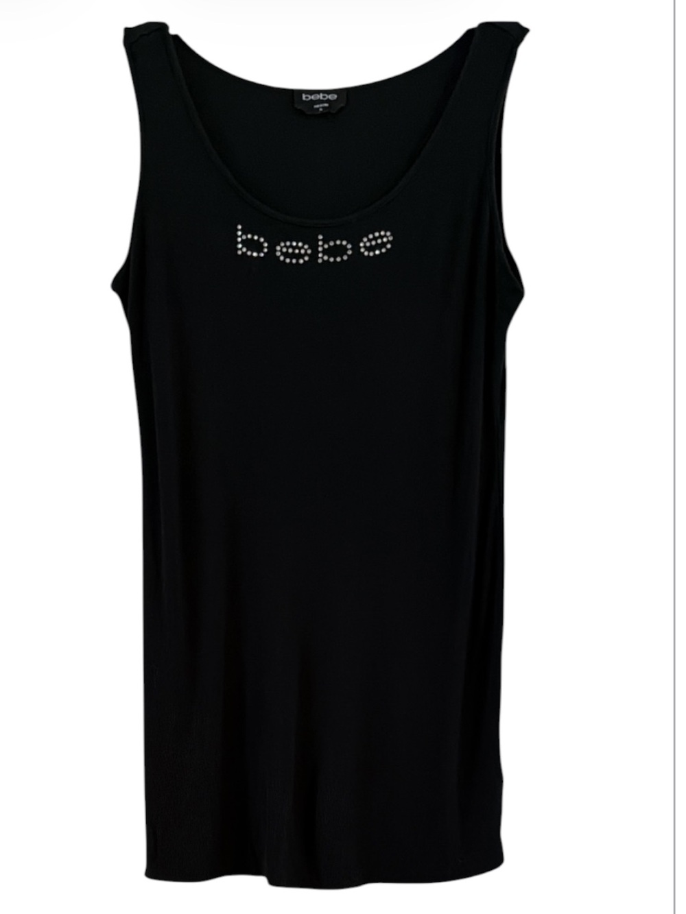 bebe Rhinestone Logo Ribbed Mini Dress Black Size XL Y2K Style Tank Dress
